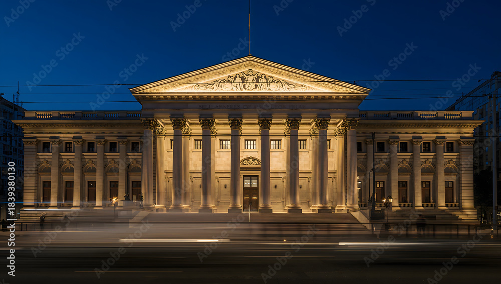 Obraz premium Neoclassical building illuminated at twilight against a deep blue sky with light trails