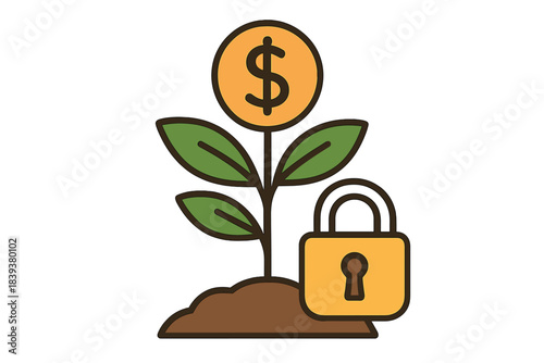 Seedling and padlock icon representing secure financial growth concept