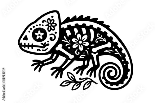 Stylized Chameleon Skeleton Icon with Floral Ornamentation