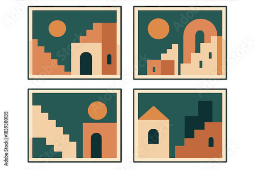 Abstract geometric architecture set featuring stairs and sun motifs