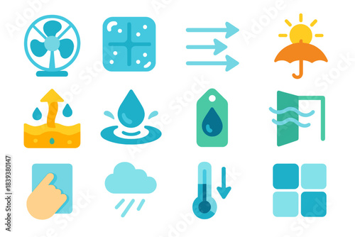 Heat Relief Icons. Heat Relief Symbols flat set: portable fan, cooling gel pack, airflow pathway arrows, sun-shade icon, moisture-wicking fabric, cold-water splash symbol,