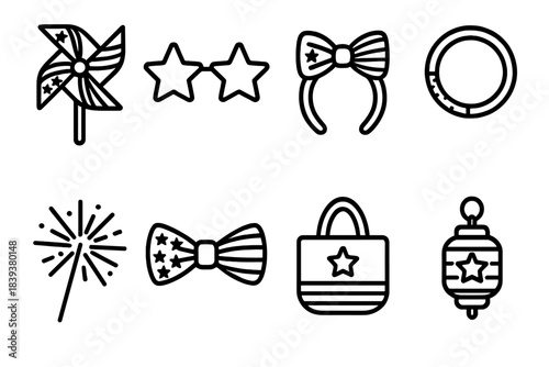 Independence Day Icons. Independence Day Festive Accessories linear set: flag pinwheel, star sunglasses, ribbon headband, glow bracelet, sparkler stick, festive bowtie, themed tote