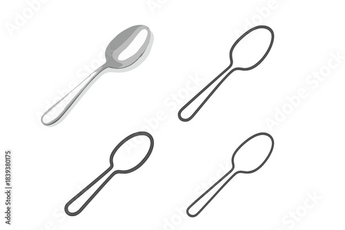 Realistic metal spoon rendering and simple outline icon collection