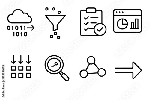 DataOps Icons. Advanced DataOps Set linear set: event-driven data stream, smart ingestion funnel, automated QA checkpoint, metadata insight panel, elastic processing grid, unified
