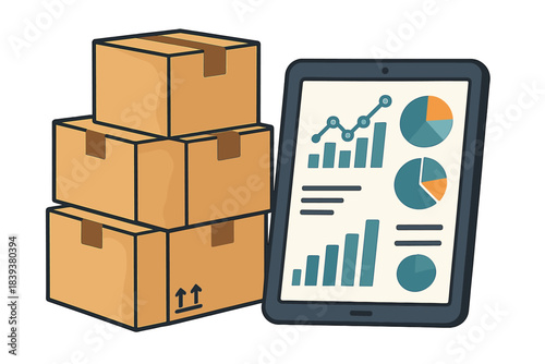Stack of brown shipping boxes next to digital tablet with business analytics charts