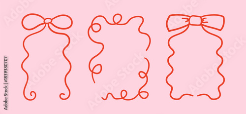 Set of coquette and quirky frames. Vector hand drawn illustration of frames and borders with bows and curly lines. Cliparts for holiday greeting cards and invitations