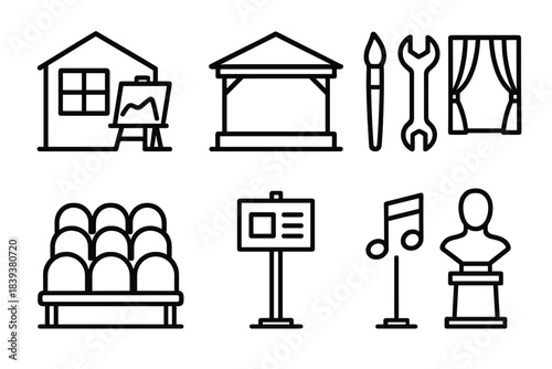 Creative Arts Icons. Community Arts Infrastructure linear set: workshop studio, open-air pavilion, maker toolset, theater curtain icon, public seating row, info board, music note