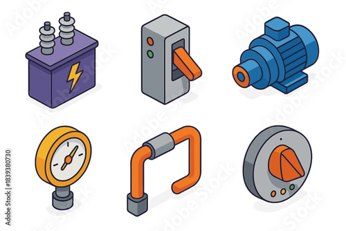 Industrial Icons Collection. Industrial Energy Systems isometric flat set: transformer block, circuit switch, hydraulic engine, pressure gauge, power conduit, control dial.