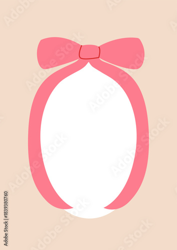 Minimalist hand drawn greeting card template with pink bow frame. Elegant vintage vector flat illustration for birthday, christmas, wedding, valentine's day etc.