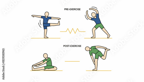 A demonstration of safe stretching habits pre and postexercise including static and dynamic stretching ods for injury prevention.