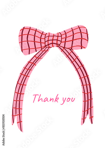 Hand drawn vintage checkered bow with quote thank you. Holiday greeting card in coquette aesthetic