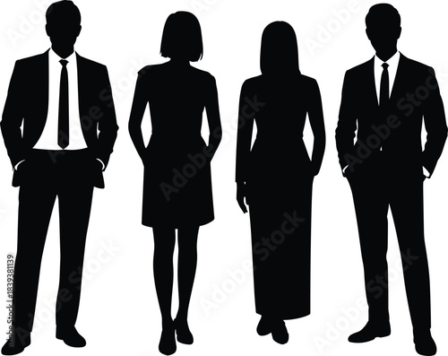 Silhouettes of Business Professionals in Formal Attire Standing Side by Side Facing Forward on White Background for Corporate Concepts