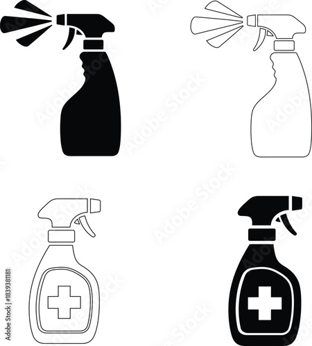 Cleaning Spray Bottle Vector Icons – Disinfectant and Detergent Symbols