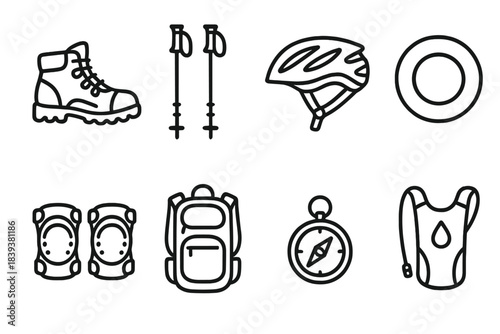 Outdoor Sports Gear Icons. Outdoor Sports Gear Set linear set: hiking boots, trekking poles, cycling helmet, frisbee disc, protective pads, athletic backpack, trail compass,