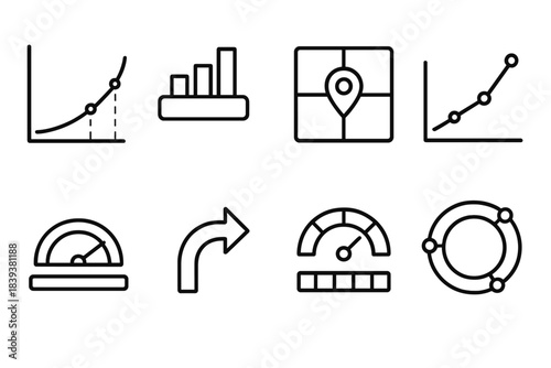 Insight Planning Icons. Insight-Based Planning Framework linear set: charted prediction arc, data-driven route bar, strategic alignment tile, forecasting point node, metric clarity