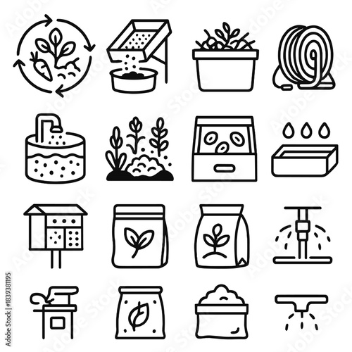Sustainable Farm Systems. Sustainable Farm Cycles linear set: nutrient loop chart, compost sieve, plant residue bin, low-flow hose reel, biofilter tank, polyculture patch icon,