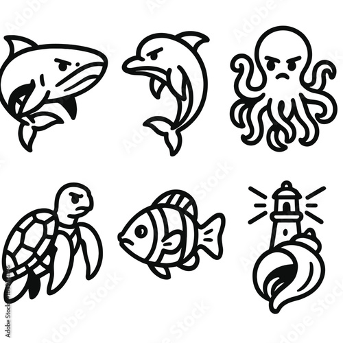 Aquatic Guardians Icons. Aquatic Defenders linear set: vigilant whale, scout dolphin, safeguarding octopus, gentle sea turtle, alert reef fish, beacon shell.