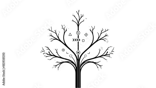 Stylized bare tree branches with minimalist geometric symbols on a white background
