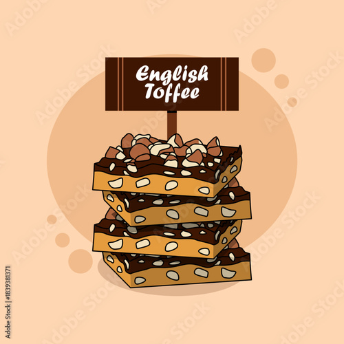 A stack of pieces of English toffee or buttercrunch candy made by caramelizing sugar or molasses with butter and topped with chopped nuts. National English Toffee Day, January 8th