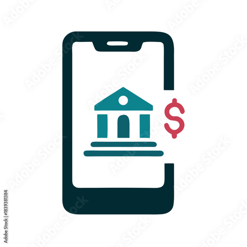 Mobile banking icon with bank building and dollar sign