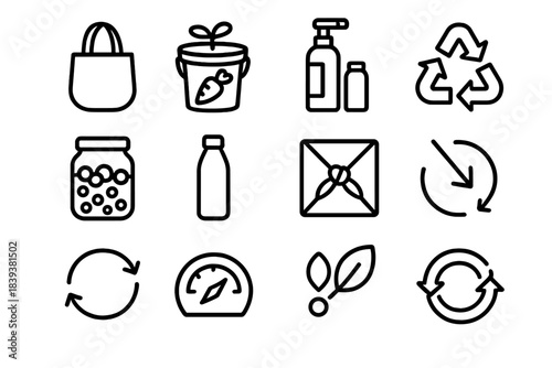 Zero-Waste Icons. Zero-Waste Lifestyle Essentials linear set: reusable bag tile, compost bucket node, refill station bar, recycling ring, bulk container patch, eco bottle stripe,