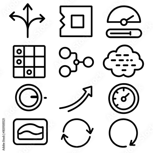 Decision Icons Grid. Flexible Decision Terrain linear set: multi-path choice fork, context shift tile, adaptive input gauge, situational cue grid, live-data link node, criteria