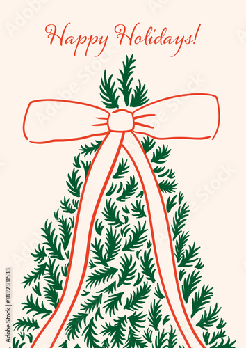 Holiday greeting card with christmas tree, bow and quote happy holidays. Vector hand drawn illustration