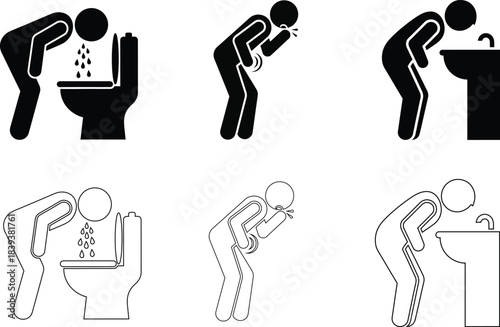 Vomiting Person Sick Vector Icons – Nausea and Food Poisoning Symbols