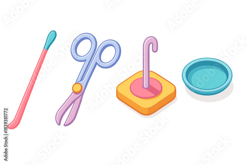 Isometric Candle Tools Set. Candle Maintenance Items flat isometric set: debris remover wand, wick-straightener clip, drip guard plate.