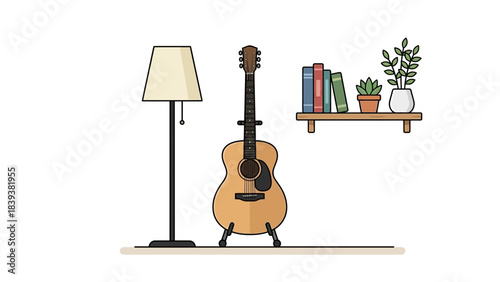 Relaxing at home with a guitar and good books creates a cozy vibe perfect for creative inspiration and relaxation