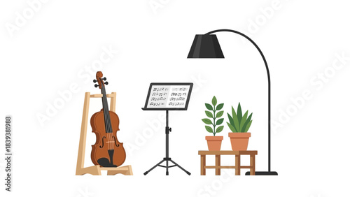 Vibrant violin practice space with sheet music stand and potted plants creates a calm, inspiring atmosphere for music lovers and creative inspiration