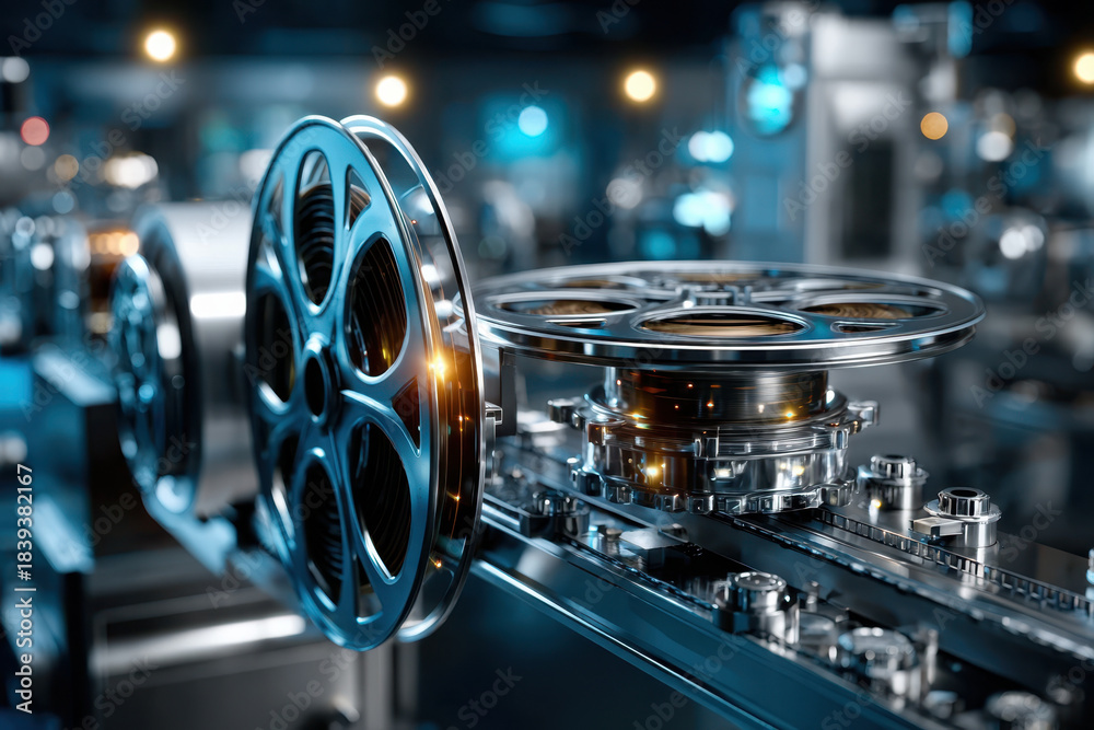 Fototapeta premium Metal film reels spinning in a modern cinema production studio environment
