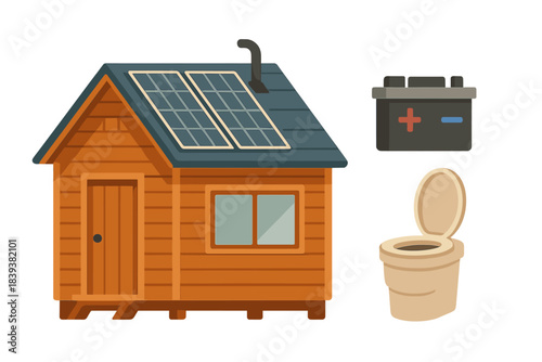 Off grid cabin components with solar panels battery and composting toilet icons
