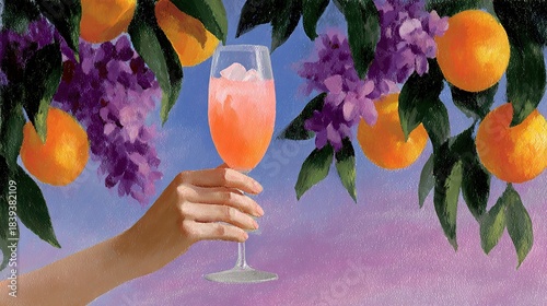   A painting of a hand holding a wine glass in front of an orange-laden tree, surrounded by lilacs