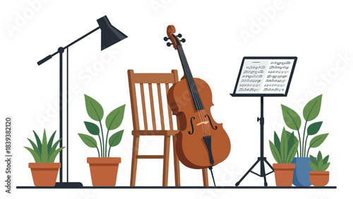 Serene cello practice scene with plants and sheet music, perfect for promoting music lessons or illustrating creative hobbies in a calming setting