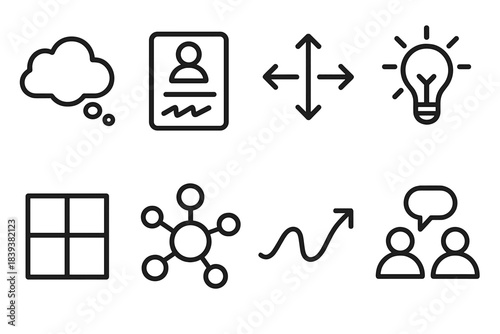 Creative Icon Sketches. Creative Conversation Spaces linear set: brainstorm bubble, sketch notes, concept arrows, inspiration spark, layout grid, idea cluster, creative flow line,