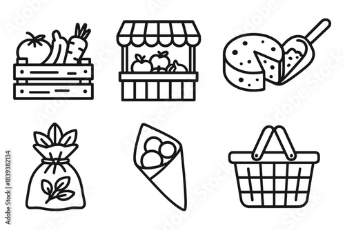 Market Essentials Icons. Marketplace Choice Set linear set: veggie crate, fruit stand, cheese wheel, grain scoop, herb sachet, spice cone, artisan craft card, shopper basket.