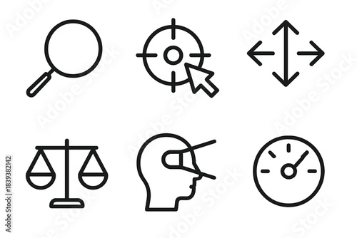 Adaptive Focus Icons. Adaptive attention focus linear set: magnifying glass, target pointer, shifting arrows, balance scale, focus beam, adaptive dial.