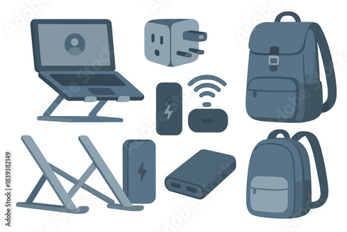 Modern portable electronics and essential travel accessories collection