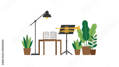 Inspiring practice space with trumpet on stand, sheet music open under lamp, and potted plants for a focused and creative atmosphere at home