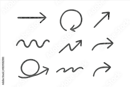 Set of nine hand drawn sketchy arrow icons showing various directions and shapes