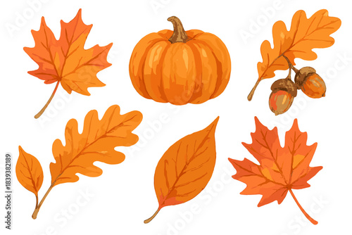 Vibrant assortment of orange autumn leaves and pumpkin harvest elements