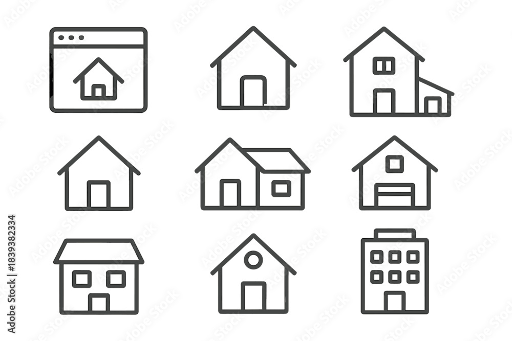 Fototapeta premium Collection of outline icons representing various houses and commercial buildings