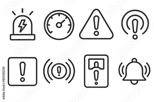 Emergency Icon Set. Urgent Situation Markers linear set: emergency flash, critical threshold dial, hazard attention badge, warning ripple lines, risk alert panel, urgent signal