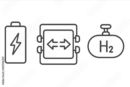 Battery charging and hydrogen fuel cell conversion icons set