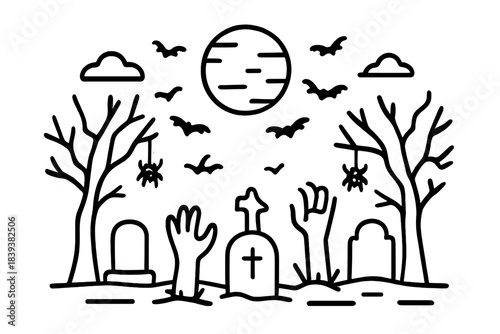 Zombie hands rising from graveyard ground under bright full moon