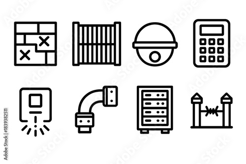 Security Facility Icons. Hardened Facility Elements linear set: reinforced wall segment, security gate, surveillance dome, access pad, intrusion sensor, protected conduit, secure