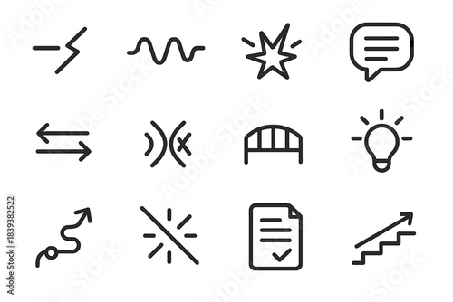 Conflict Resolution Icons. Conflict & Resolution linear set: broken line, tension wave, clash mark, raised voice bubble, contrast arrows, friction symbol, bridge icon, solution