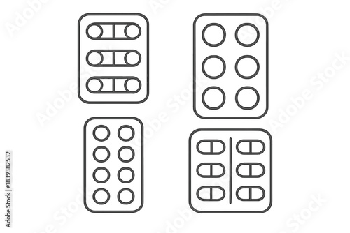 Four blister pack icons showing outline of pills and capsules