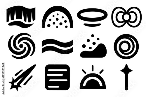 Ionospheric Icons Series. Ionospheric Light Dynamics silhouette set: auroral curtain wave, charged particle arc, ionization glow band, magnetic field loop, plasma swirl node, polar